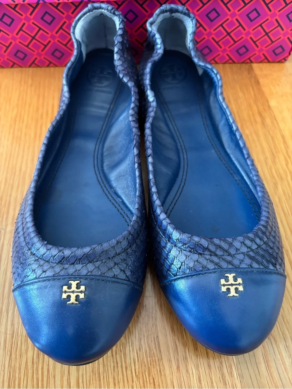 Tory Burch Metallic Blue Leather & Snakeskin Ballet Flats
